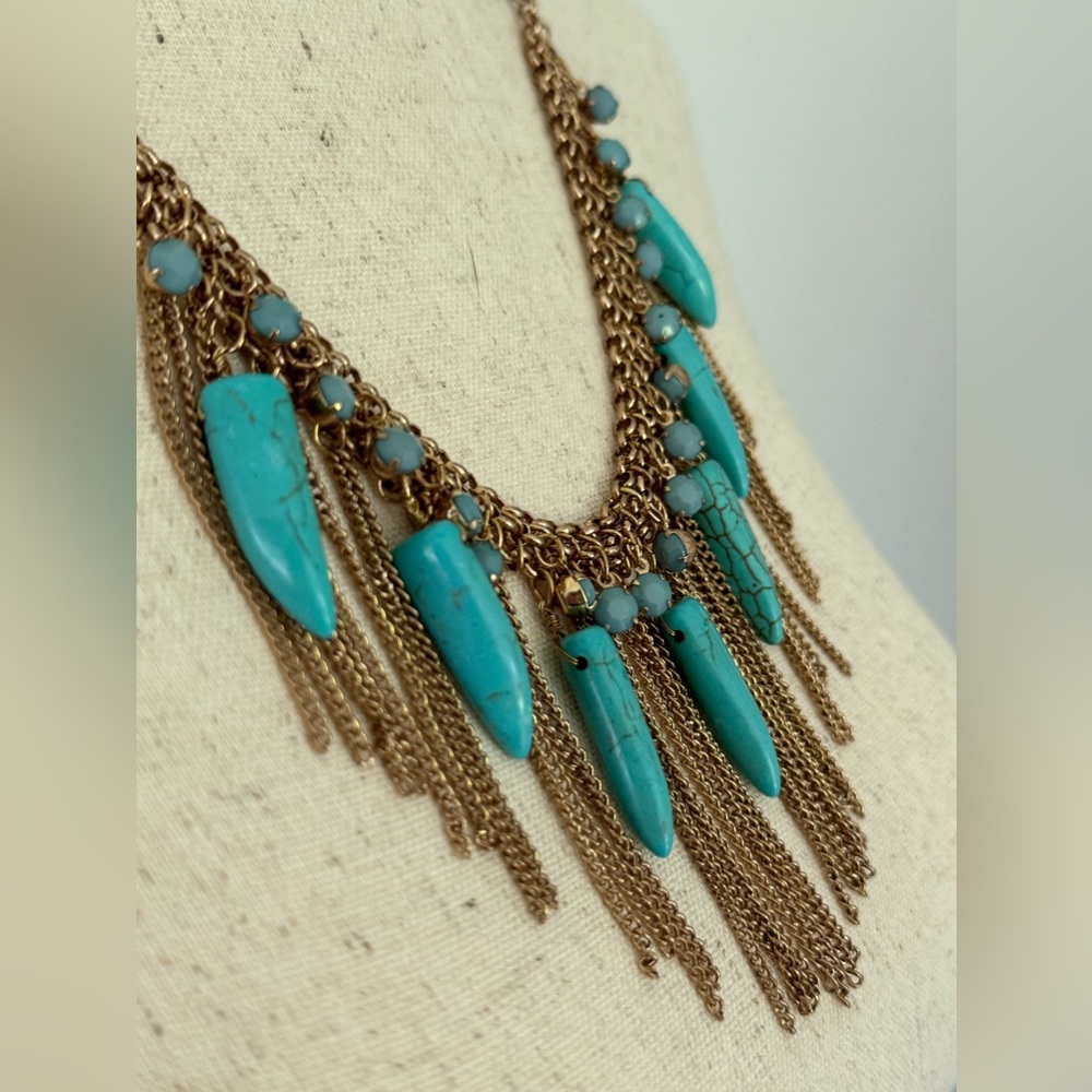 Turquoise Spike Fringe Statement Necklace Boho Western Festival